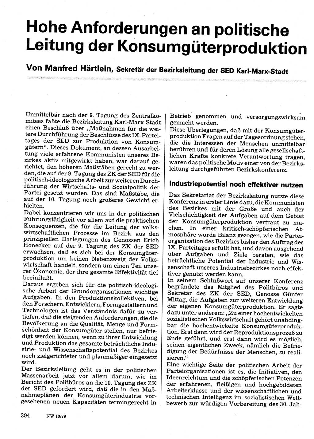 Neuer Weg (NW), Organ des Zentralkomitees (ZK) der SED (Sozialistische Einheitspartei Deutschlands) für Fragen des Parteilebens, 34. Jahrgang [Deutsche Demokratische Republik (DDR)] 1979, Seite 394 (NW ZK SED DDR 1979, S. 394)