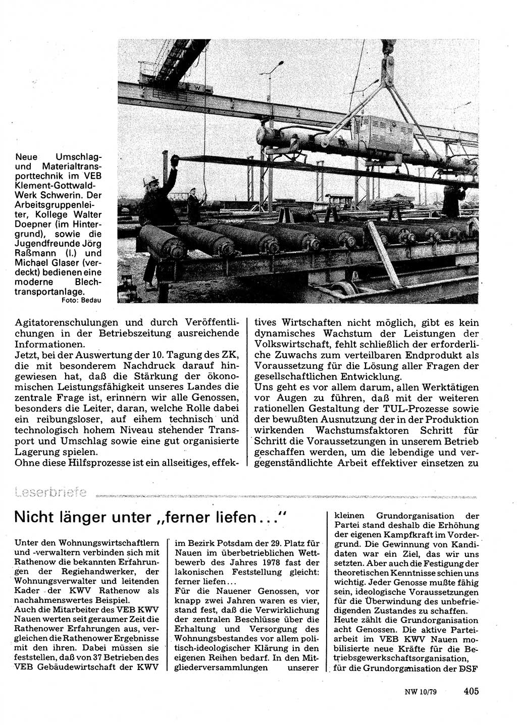 Neuer Weg (NW), Organ des Zentralkomitees (ZK) der SED (Sozialistische Einheitspartei Deutschlands) für Fragen des Parteilebens, 34. Jahrgang [Deutsche Demokratische Republik (DDR)] 1979, Seite 405 (NW ZK SED DDR 1979, S. 405)