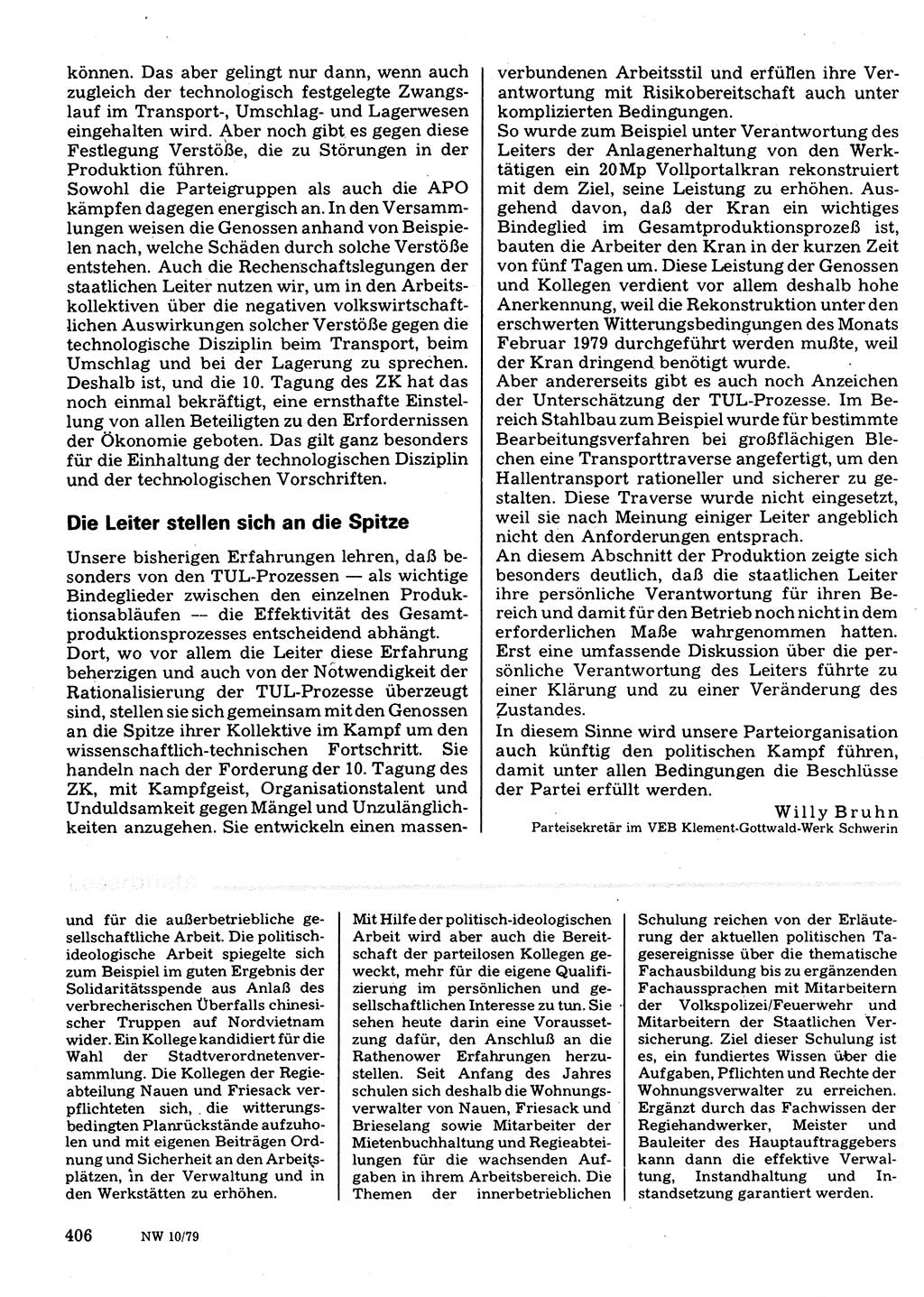 Neuer Weg (NW), Organ des Zentralkomitees (ZK) der SED (Sozialistische Einheitspartei Deutschlands) für Fragen des Parteilebens, 34. Jahrgang [Deutsche Demokratische Republik (DDR)] 1979, Seite 406 (NW ZK SED DDR 1979, S. 406)