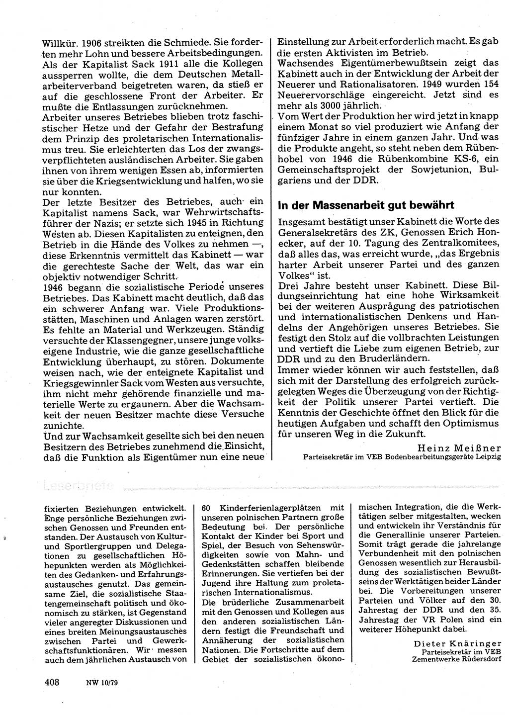 Neuer Weg (NW), Organ des Zentralkomitees (ZK) der SED (Sozialistische Einheitspartei Deutschlands) für Fragen des Parteilebens, 34. Jahrgang [Deutsche Demokratische Republik (DDR)] 1979, Seite 408 (NW ZK SED DDR 1979, S. 408)