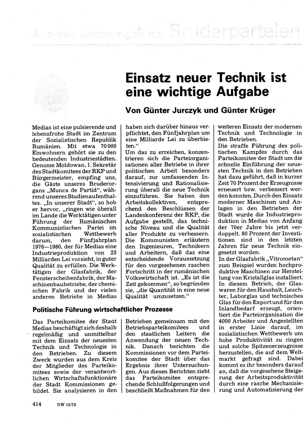 Neuer Weg (NW), Organ des Zentralkomitees (ZK) der SED (Sozialistische Einheitspartei Deutschlands) für Fragen des Parteilebens, 34. Jahrgang [Deutsche Demokratische Republik (DDR)] 1979, Seite 414 (NW ZK SED DDR 1979, S. 414)