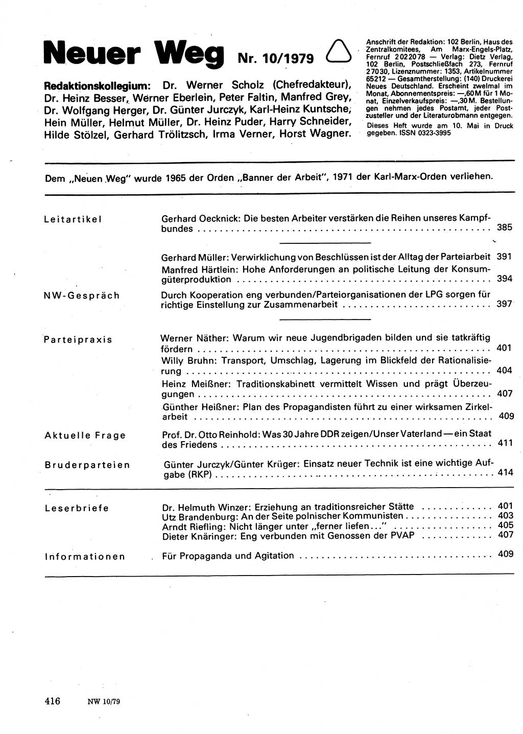 Neuer Weg (NW), Organ des Zentralkomitees (ZK) der SED (Sozialistische Einheitspartei Deutschlands) für Fragen des Parteilebens, 34. Jahrgang [Deutsche Demokratische Republik (DDR)] 1979, Seite 416 (NW ZK SED DDR 1979, S. 416)