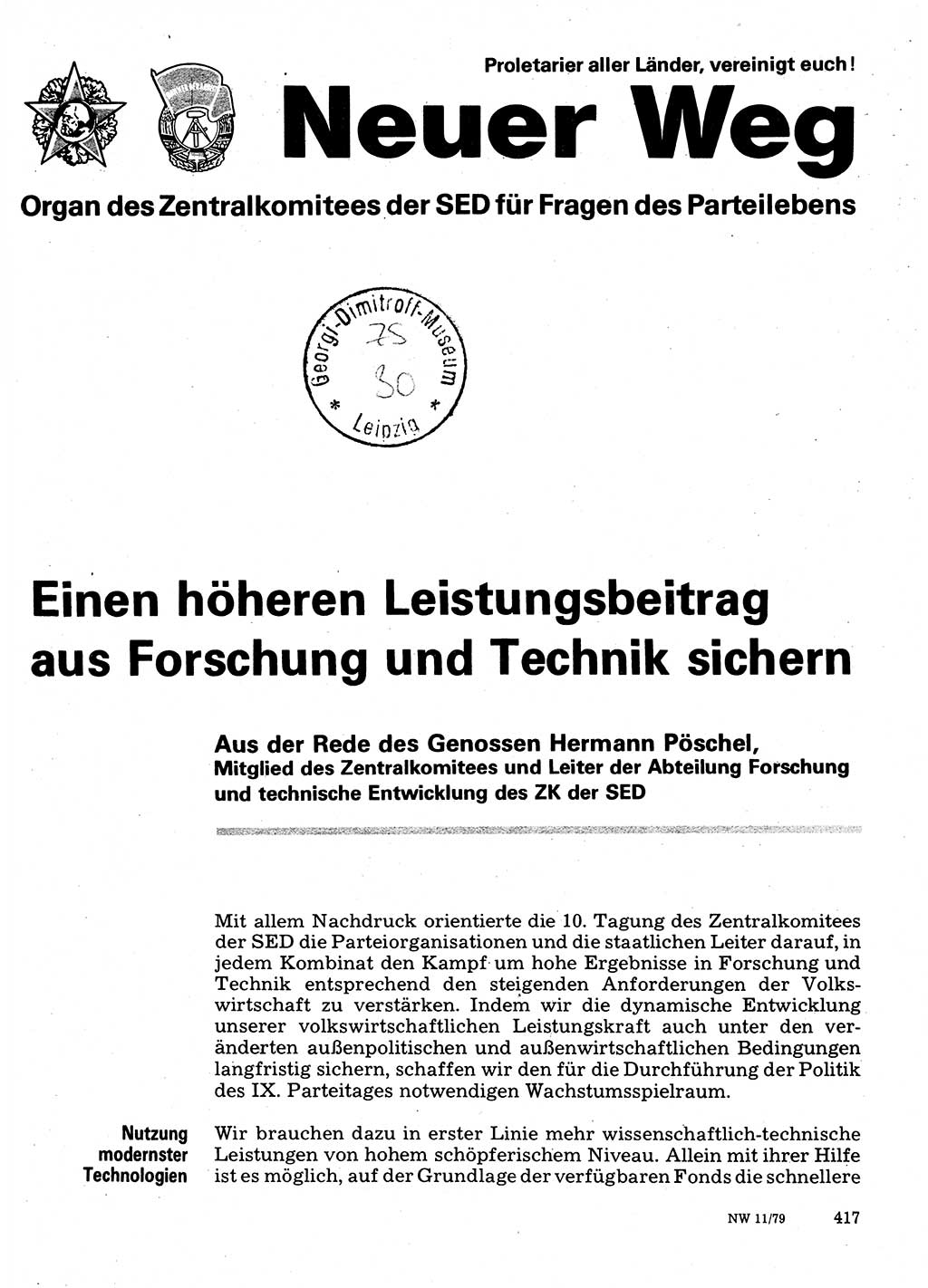 Neuer Weg (NW), Organ des Zentralkomitees (ZK) der SED (Sozialistische Einheitspartei Deutschlands) für Fragen des Parteilebens, 34. Jahrgang [Deutsche Demokratische Republik (DDR)] 1979, Seite 417 (NW ZK SED DDR 1979, S. 417)
