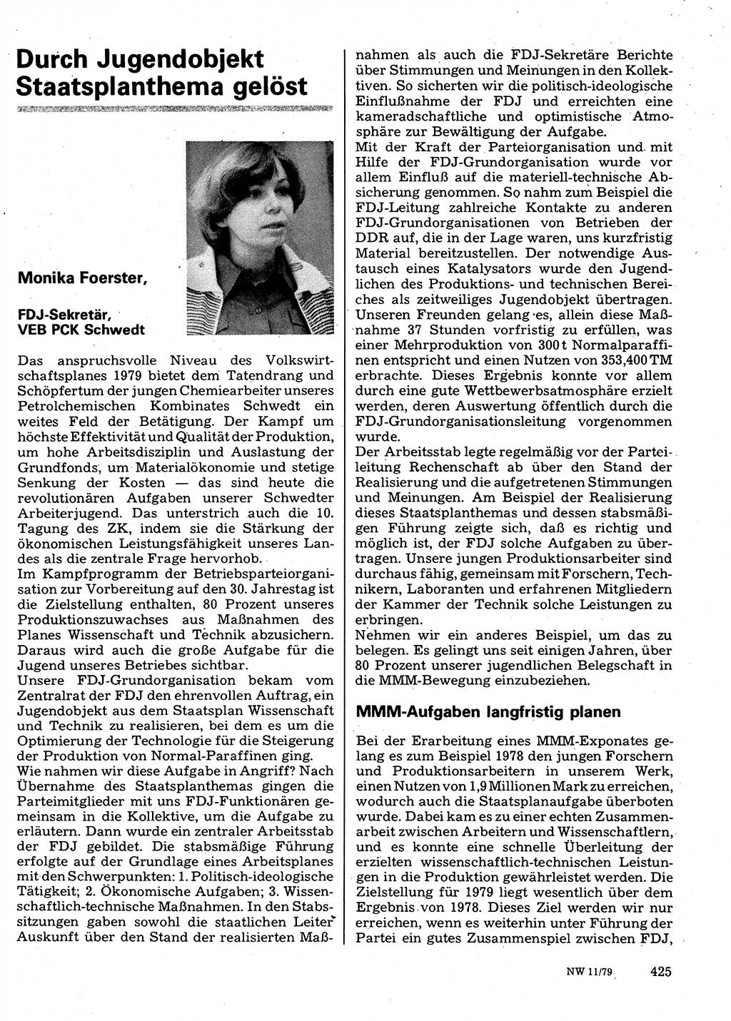 Neuer Weg (NW), Organ des Zentralkomitees (ZK) der SED (Sozialistische Einheitspartei Deutschlands) für Fragen des Parteilebens, 34. Jahrgang [Deutsche Demokratische Republik (DDR)] 1979, Seite 425 (NW ZK SED DDR 1979, S. 425)