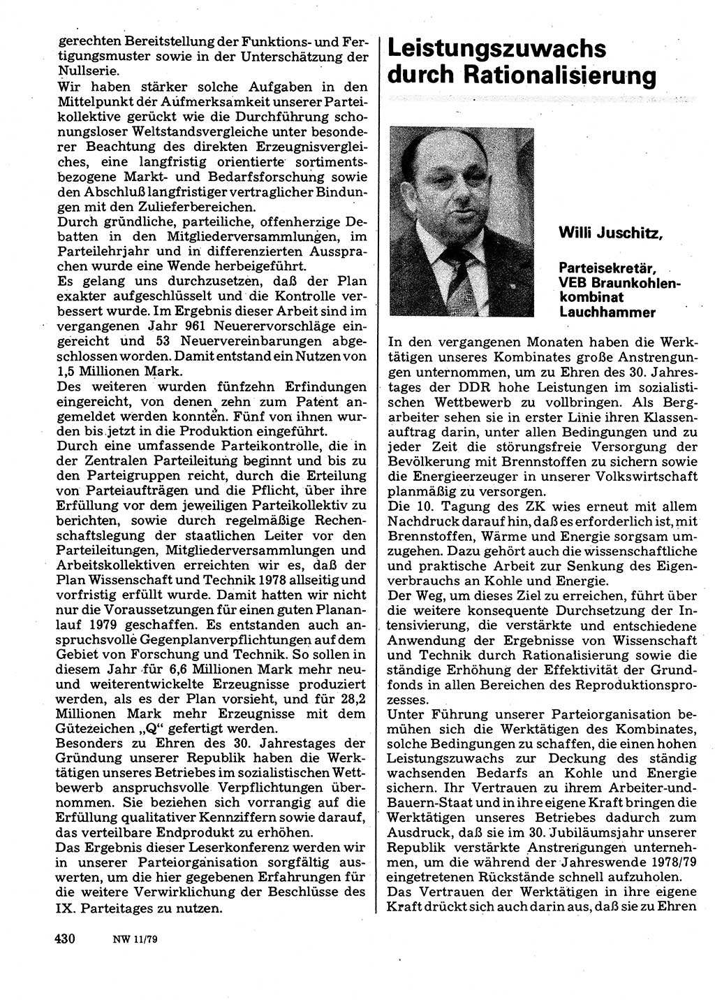 Neuer Weg (NW), Organ des Zentralkomitees (ZK) der SED (Sozialistische Einheitspartei Deutschlands) fÃ¼r Fragen des Parteilebens, 34. Jahrgang [Deutsche Demokratische Republik (DDR)] 1979, Seite 430 (NW ZK SED DDR 1979, S. 430)