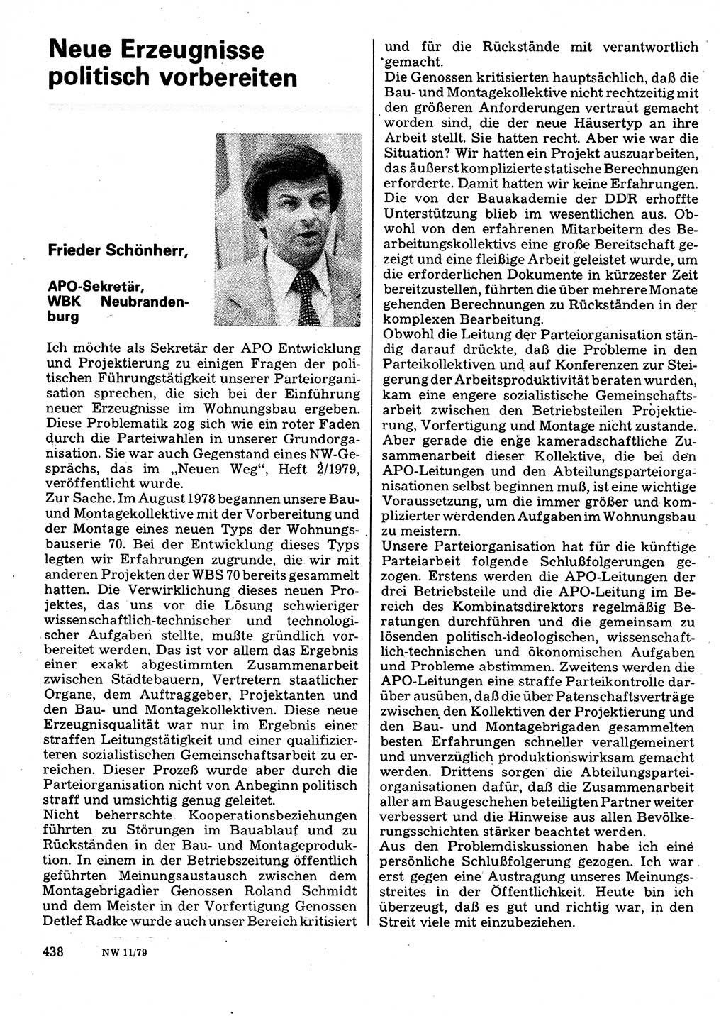 Neuer Weg (NW), Organ des Zentralkomitees (ZK) der SED (Sozialistische Einheitspartei Deutschlands) für Fragen des Parteilebens, 34. Jahrgang [Deutsche Demokratische Republik (DDR)] 1979, Seite 438 (NW ZK SED DDR 1979, S. 438)