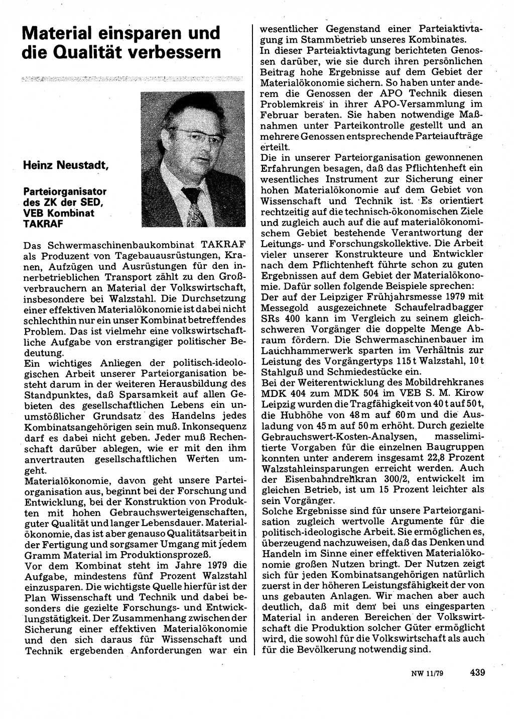 Neuer Weg (NW), Organ des Zentralkomitees (ZK) der SED (Sozialistische Einheitspartei Deutschlands) für Fragen des Parteilebens, 34. Jahrgang [Deutsche Demokratische Republik (DDR)] 1979, Seite 439 (NW ZK SED DDR 1979, S. 439)