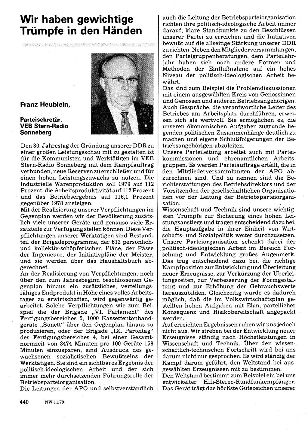 Neuer Weg (NW), Organ des Zentralkomitees (ZK) der SED (Sozialistische Einheitspartei Deutschlands) für Fragen des Parteilebens, 34. Jahrgang [Deutsche Demokratische Republik (DDR)] 1979, Seite 440 (NW ZK SED DDR 1979, S. 440)