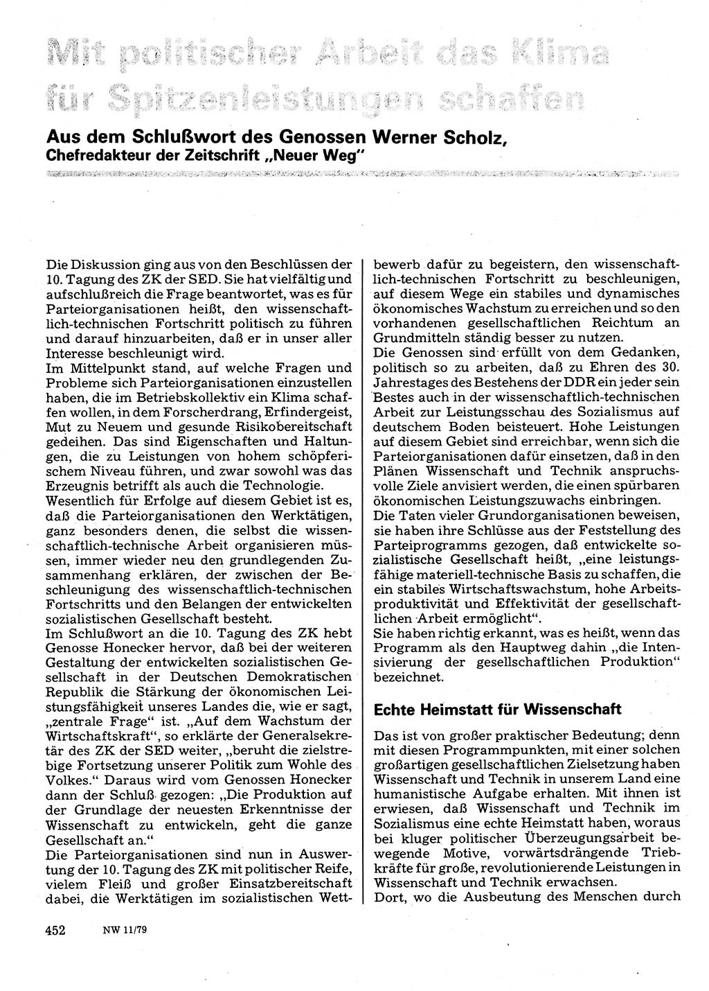 Neuer Weg (NW), Organ des Zentralkomitees (ZK) der SED (Sozialistische Einheitspartei Deutschlands) für Fragen des Parteilebens, 34. Jahrgang [Deutsche Demokratische Republik (DDR)] 1979, Seite 452 (NW ZK SED DDR 1979, S. 452)