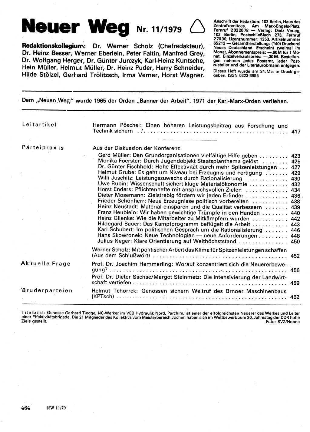 Neuer Weg (NW), Organ des Zentralkomitees (ZK) der SED (Sozialistische Einheitspartei Deutschlands) für Fragen des Parteilebens, 34. Jahrgang [Deutsche Demokratische Republik (DDR)] 1979, Seite 464 (NW ZK SED DDR 1979, S. 464)