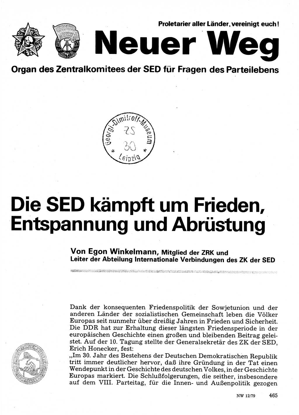 Neuer Weg (NW), Organ des Zentralkomitees (ZK) der SED (Sozialistische Einheitspartei Deutschlands) für Fragen des Parteilebens, 34. Jahrgang [Deutsche Demokratische Republik (DDR)] 1979, Seite 465 (NW ZK SED DDR 1979, S. 465)