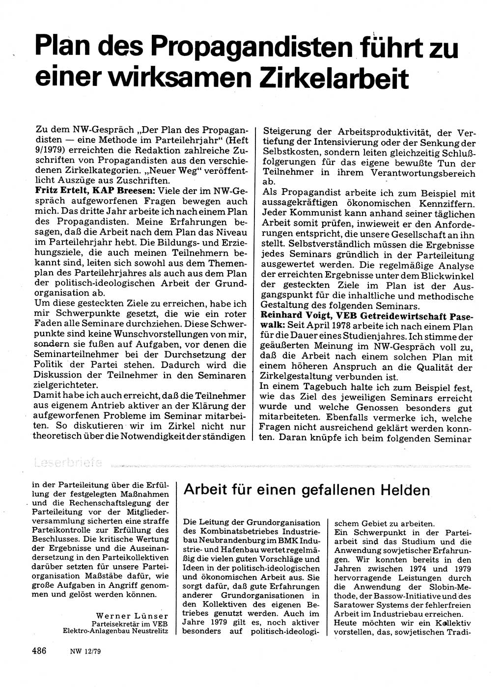 Neuer Weg (NW), Organ des Zentralkomitees (ZK) der SED (Sozialistische Einheitspartei Deutschlands) für Fragen des Parteilebens, 34. Jahrgang [Deutsche Demokratische Republik (DDR)] 1979, Seite 486 (NW ZK SED DDR 1979, S. 486)