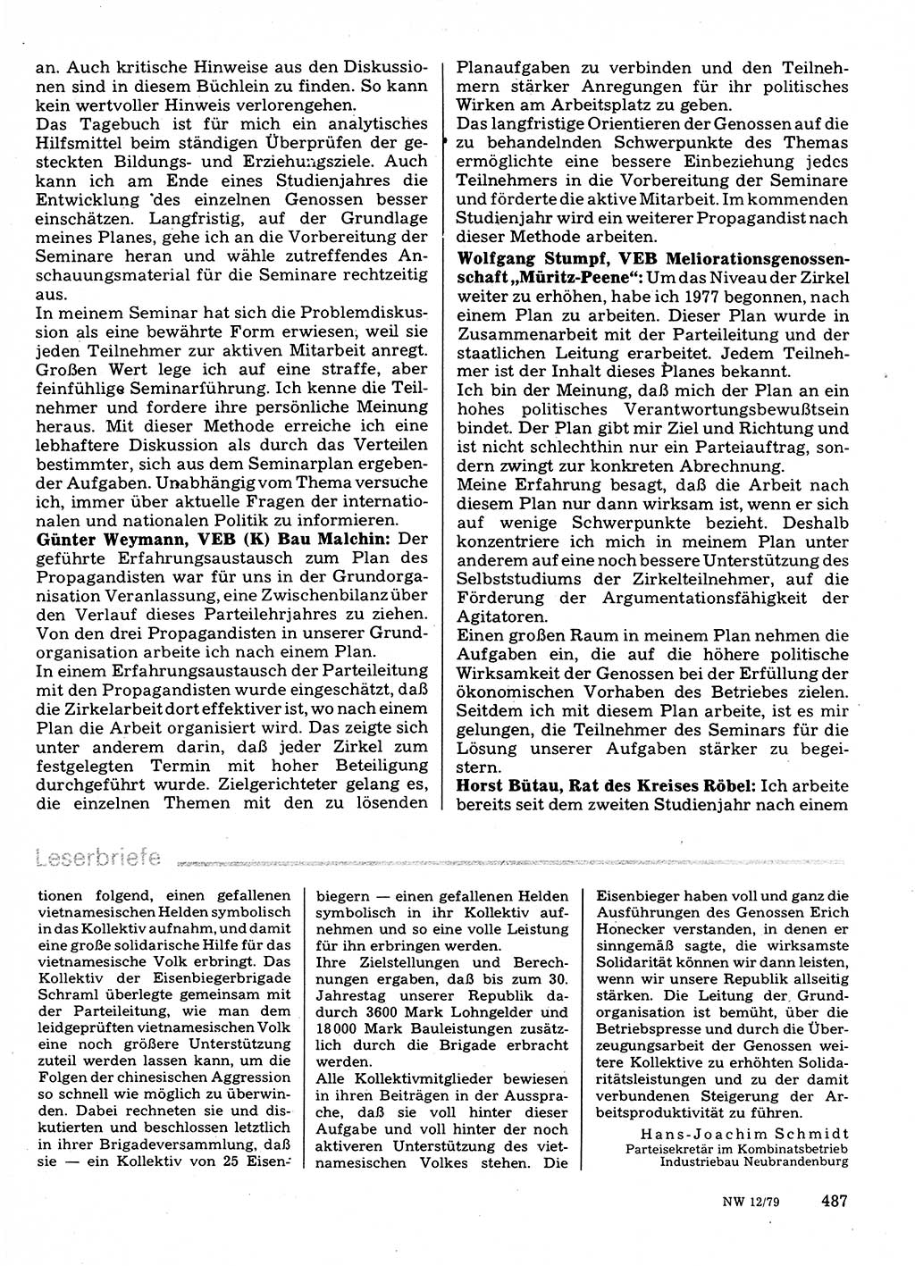 Neuer Weg (NW), Organ des Zentralkomitees (ZK) der SED (Sozialistische Einheitspartei Deutschlands) für Fragen des Parteilebens, 34. Jahrgang [Deutsche Demokratische Republik (DDR)] 1979, Seite 487 (NW ZK SED DDR 1979, S. 487)