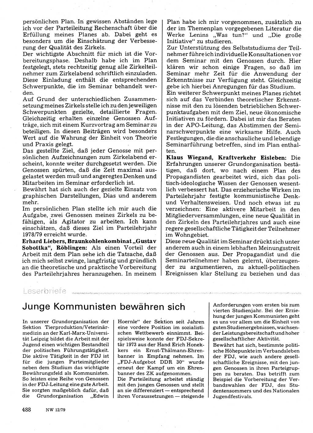 Neuer Weg (NW), Organ des Zentralkomitees (ZK) der SED (Sozialistische Einheitspartei Deutschlands) für Fragen des Parteilebens, 34. Jahrgang [Deutsche Demokratische Republik (DDR)] 1979, Seite 488 (NW ZK SED DDR 1979, S. 488)