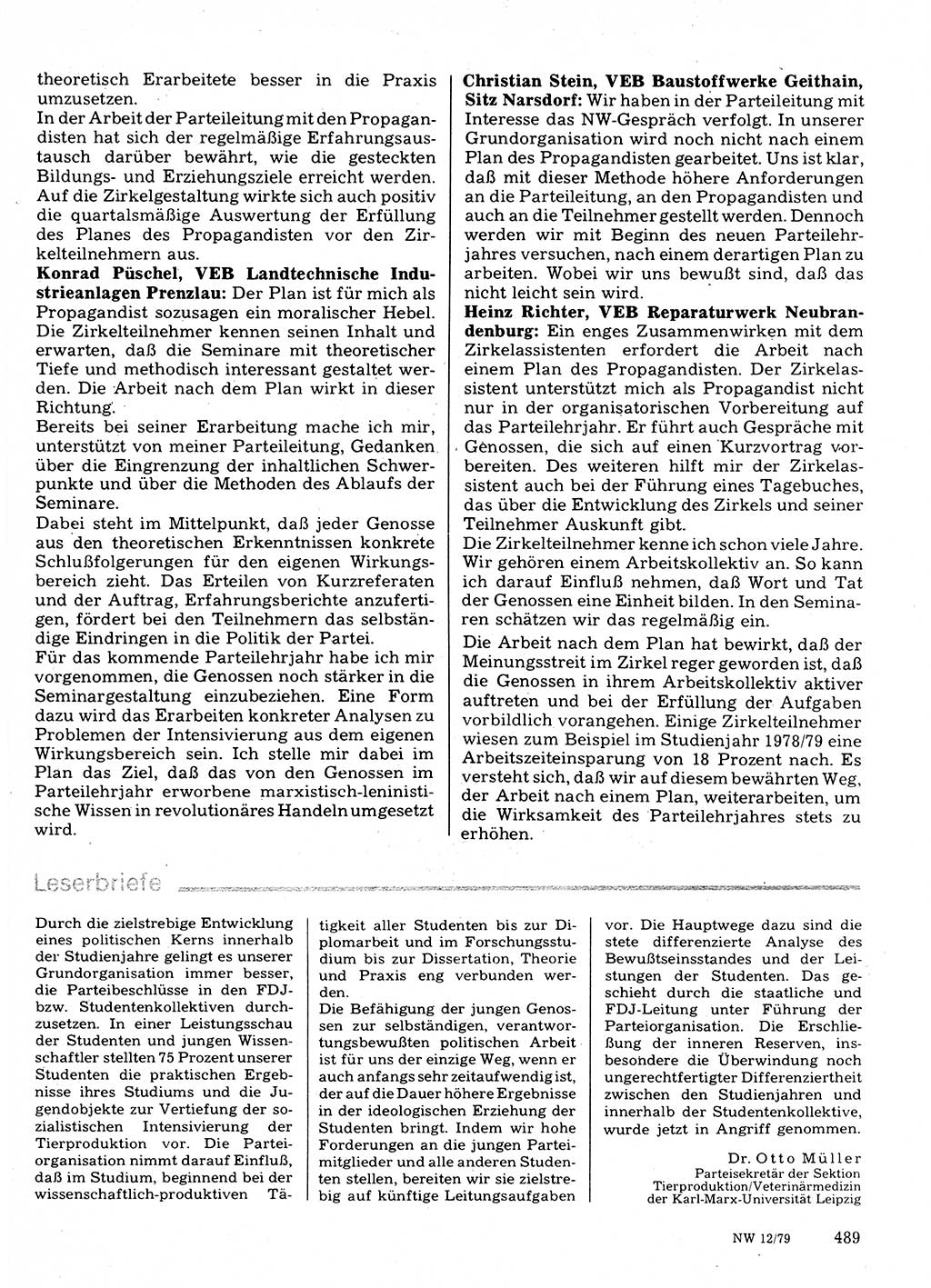 Neuer Weg (NW), Organ des Zentralkomitees (ZK) der SED (Sozialistische Einheitspartei Deutschlands) für Fragen des Parteilebens, 34. Jahrgang [Deutsche Demokratische Republik (DDR)] 1979, Seite 489 (NW ZK SED DDR 1979, S. 489)