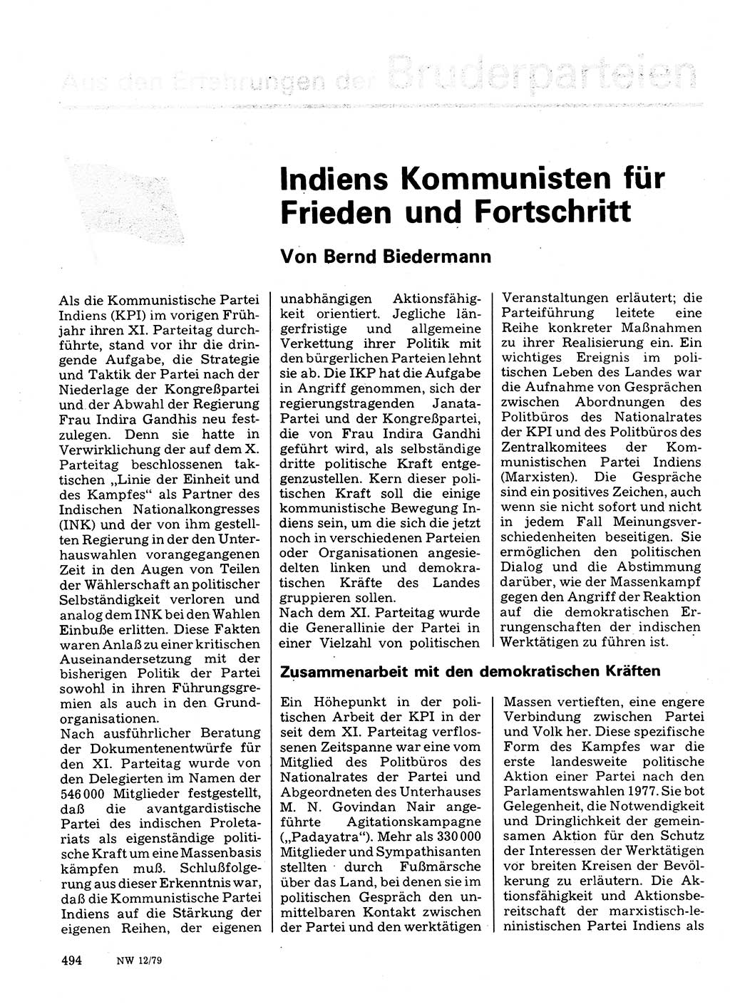 Neuer Weg (NW), Organ des Zentralkomitees (ZK) der SED (Sozialistische Einheitspartei Deutschlands) für Fragen des Parteilebens, 34. Jahrgang [Deutsche Demokratische Republik (DDR)] 1979, Seite 494 (NW ZK SED DDR 1979, S. 494)