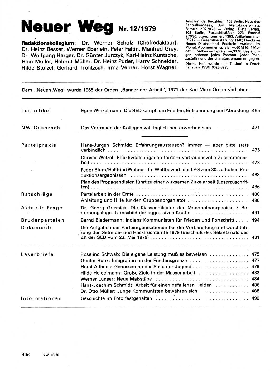 Neuer Weg (NW), Organ des Zentralkomitees (ZK) der SED (Sozialistische Einheitspartei Deutschlands) für Fragen des Parteilebens, 34. Jahrgang [Deutsche Demokratische Republik (DDR)] 1979, Seite 496 (NW ZK SED DDR 1979, S. 496)