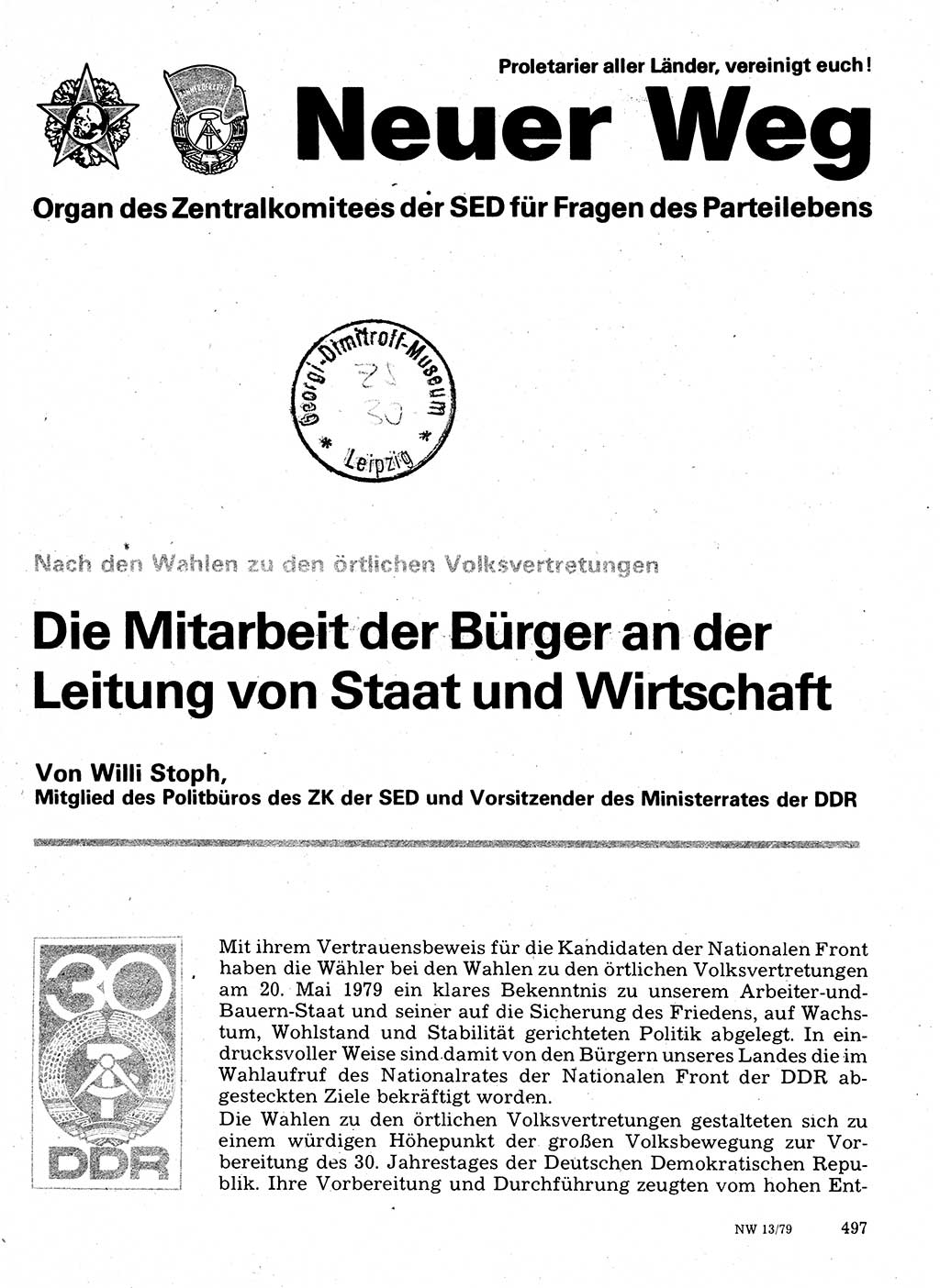 Neuer Weg (NW), Organ des Zentralkomitees (ZK) der SED (Sozialistische Einheitspartei Deutschlands) für Fragen des Parteilebens, 34. Jahrgang [Deutsche Demokratische Republik (DDR)] 1979, Seite 497 (NW ZK SED DDR 1979, S. 497)