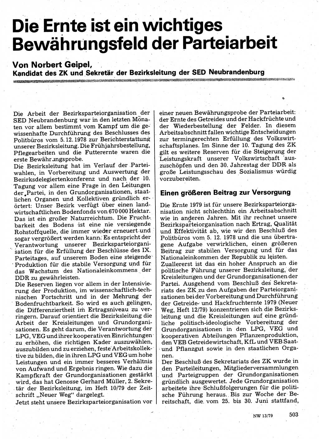 Neuer Weg (NW), Organ des Zentralkomitees (ZK) der SED (Sozialistische Einheitspartei Deutschlands) fÃ¼r Fragen des Parteilebens, 34. Jahrgang [Deutsche Demokratische Republik (DDR)] 1979, Seite 503 (NW ZK SED DDR 1979, S. 503)