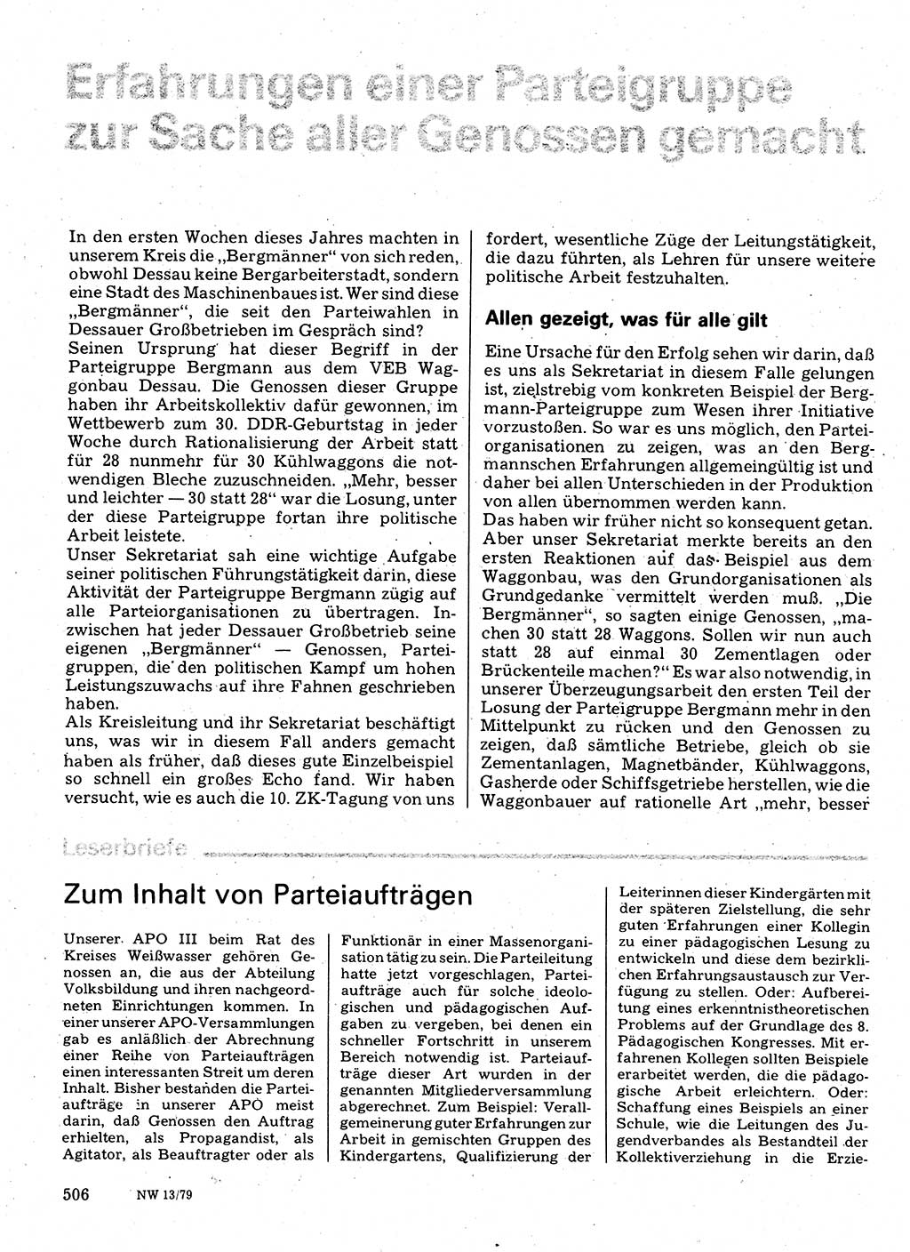 Neuer Weg (NW), Organ des Zentralkomitees (ZK) der SED (Sozialistische Einheitspartei Deutschlands) für Fragen des Parteilebens, 34. Jahrgang [Deutsche Demokratische Republik (DDR)] 1979, Seite 506 (NW ZK SED DDR 1979, S. 506)