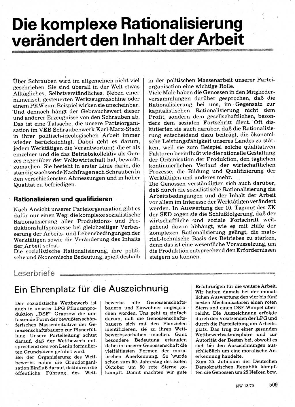 Neuer Weg (NW), Organ des Zentralkomitees (ZK) der SED (Sozialistische Einheitspartei Deutschlands) für Fragen des Parteilebens, 34. Jahrgang [Deutsche Demokratische Republik (DDR)] 1979, Seite 509 (NW ZK SED DDR 1979, S. 509)