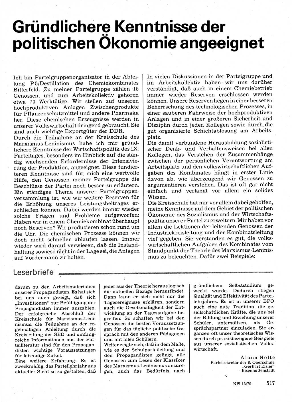 Neuer Weg (NW), Organ des Zentralkomitees (ZK) der SED (Sozialistische Einheitspartei Deutschlands) für Fragen des Parteilebens, 34. Jahrgang [Deutsche Demokratische Republik (DDR)] 1979, Seite 517 (NW ZK SED DDR 1979, S. 517)