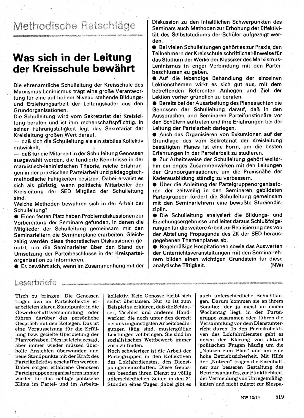 Neuer Weg (NW), Organ des Zentralkomitees (ZK) der SED (Sozialistische Einheitspartei Deutschlands) für Fragen des Parteilebens, 34. Jahrgang [Deutsche Demokratische Republik (DDR)] 1979, Seite 519 (NW ZK SED DDR 1979, S. 519)