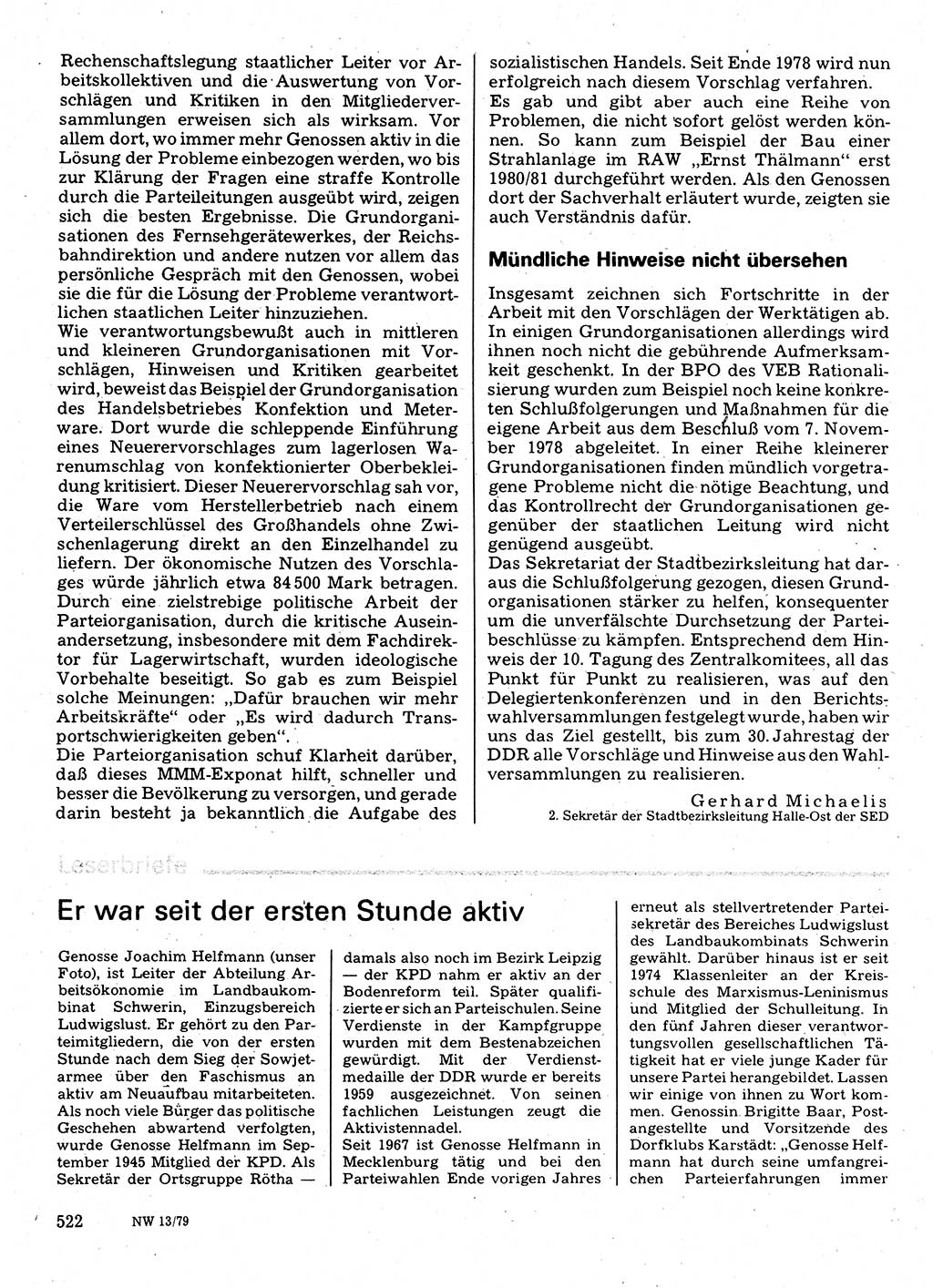 Neuer Weg (NW), Organ des Zentralkomitees (ZK) der SED (Sozialistische Einheitspartei Deutschlands) für Fragen des Parteilebens, 34. Jahrgang [Deutsche Demokratische Republik (DDR)] 1979, Seite 522 (NW ZK SED DDR 1979, S. 522)