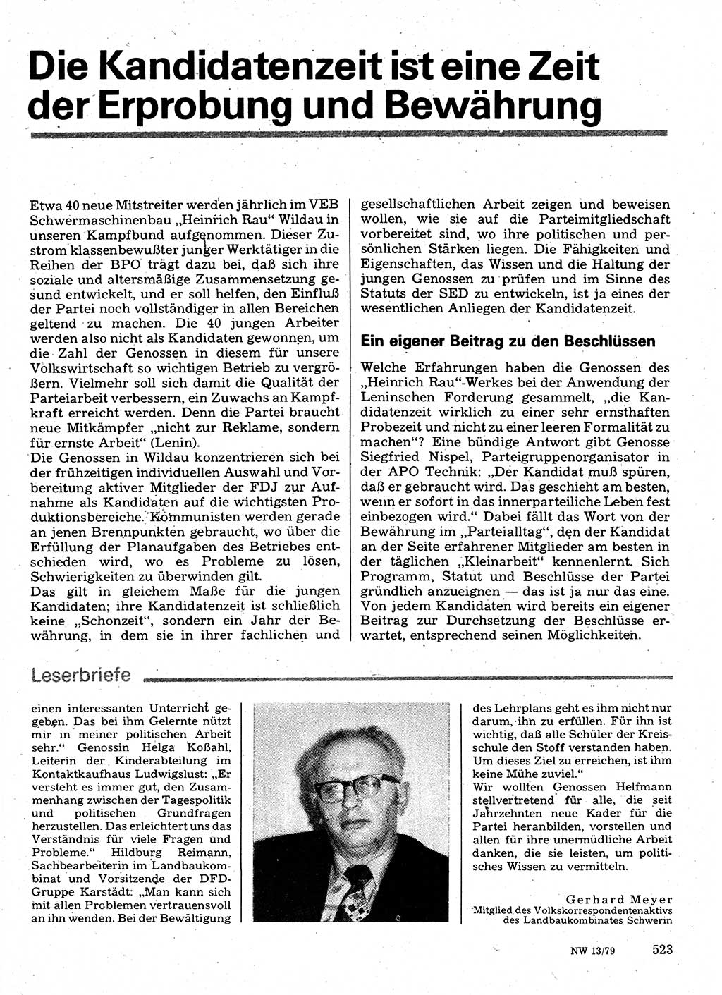Neuer Weg (NW), Organ des Zentralkomitees (ZK) der SED (Sozialistische Einheitspartei Deutschlands) für Fragen des Parteilebens, 34. Jahrgang [Deutsche Demokratische Republik (DDR)] 1979, Seite 523 (NW ZK SED DDR 1979, S. 523)