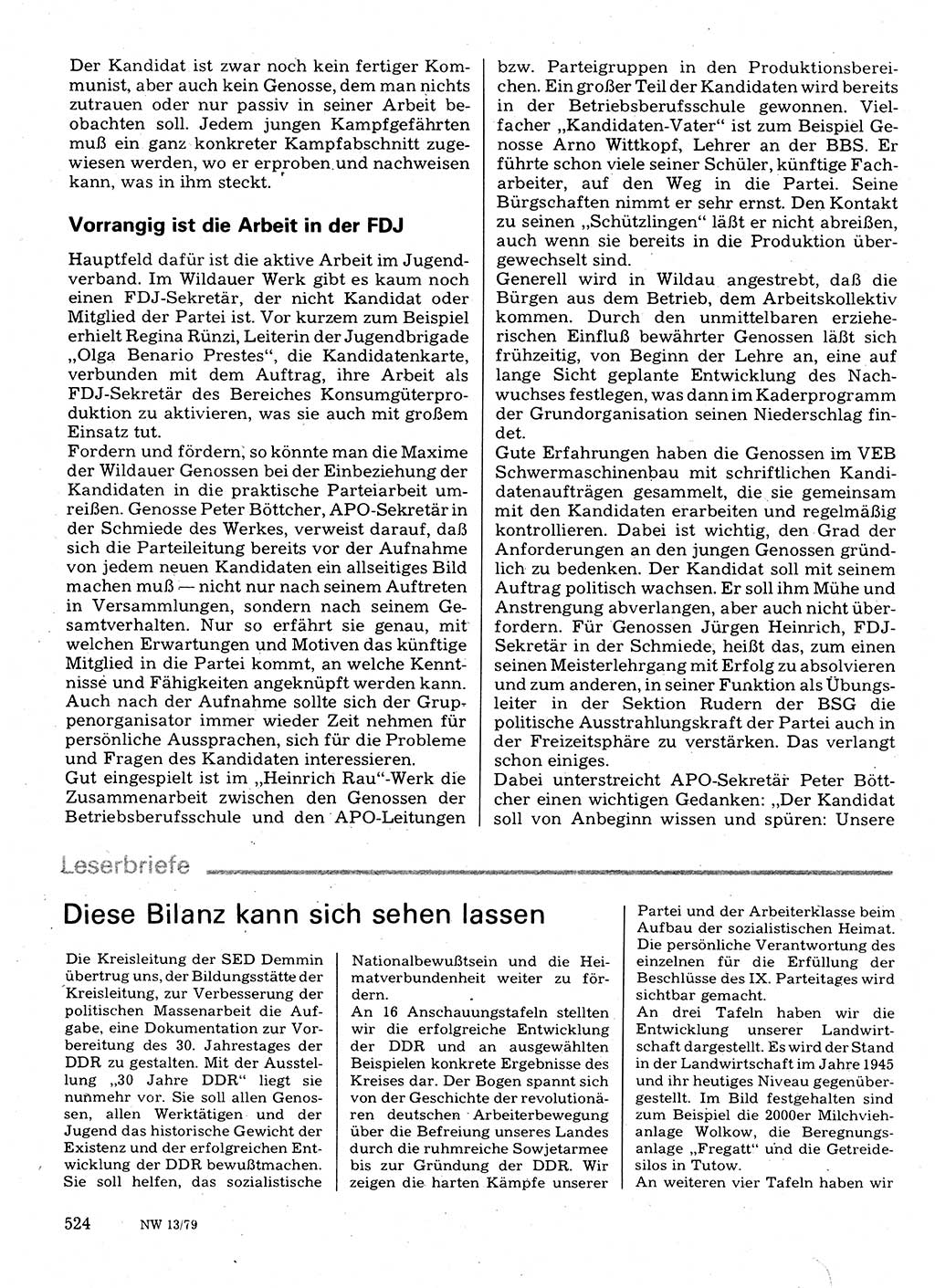 Neuer Weg (NW), Organ des Zentralkomitees (ZK) der SED (Sozialistische Einheitspartei Deutschlands) für Fragen des Parteilebens, 34. Jahrgang [Deutsche Demokratische Republik (DDR)] 1979, Seite 524 (NW ZK SED DDR 1979, S. 524)