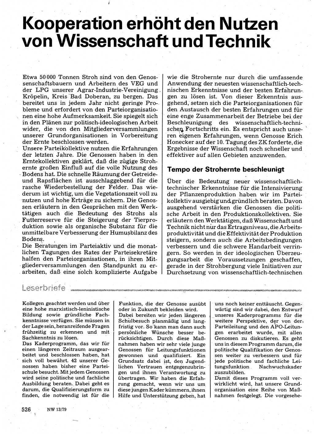Neuer Weg (NW), Organ des Zentralkomitees (ZK) der SED (Sozialistische Einheitspartei Deutschlands) für Fragen des Parteilebens, 34. Jahrgang [Deutsche Demokratische Republik (DDR)] 1979, Seite 526 (NW ZK SED DDR 1979, S. 526)