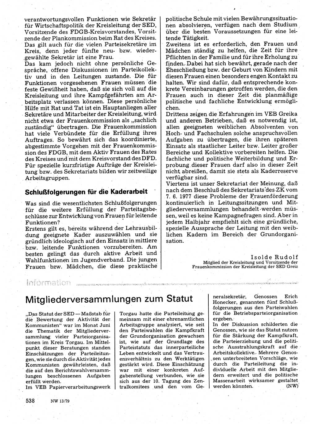 Neuer Weg (NW), Organ des Zentralkomitees (ZK) der SED (Sozialistische Einheitspartei Deutschlands) für Fragen des Parteilebens, 34. Jahrgang [Deutsche Demokratische Republik (DDR)] 1979, Seite 538 (NW ZK SED DDR 1979, S. 538)