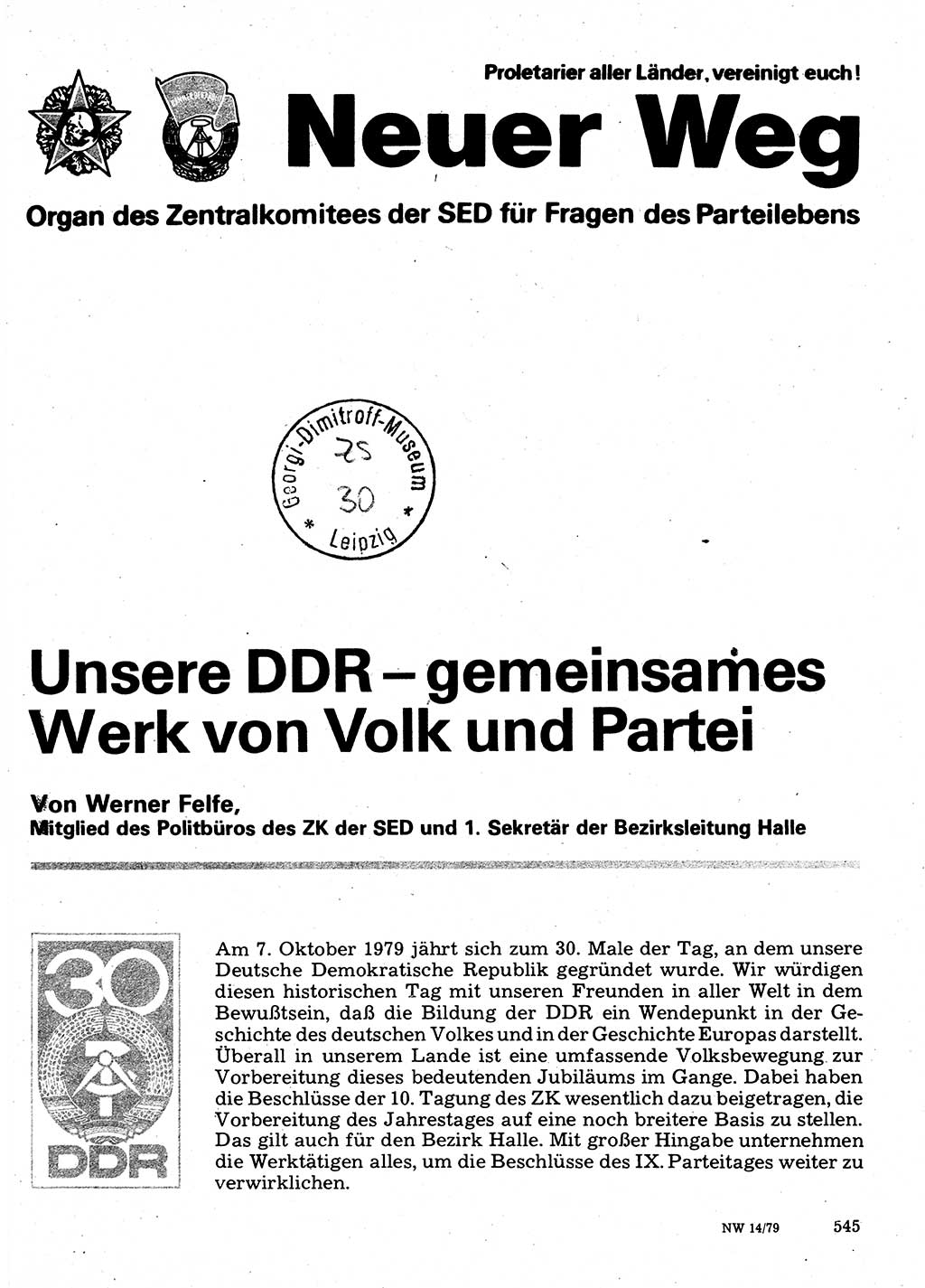 Neuer Weg (NW), Organ des Zentralkomitees (ZK) der SED (Sozialistische Einheitspartei Deutschlands) für Fragen des Parteilebens, 34. Jahrgang [Deutsche Demokratische Republik (DDR)] 1979, Seite 545 (NW ZK SED DDR 1979, S. 545)