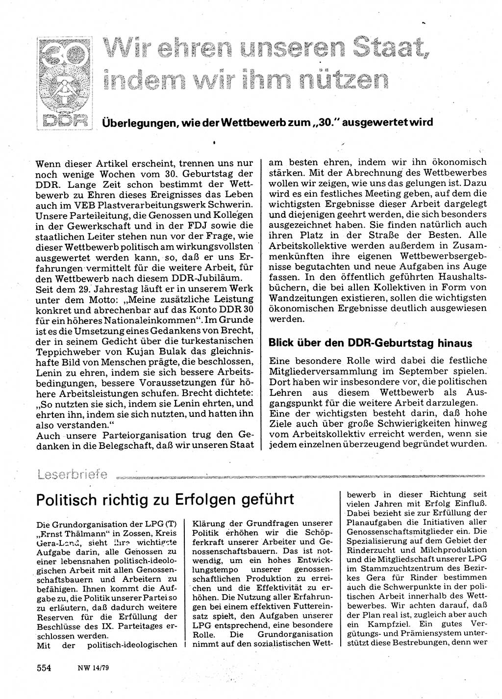 Neuer Weg (NW), Organ des Zentralkomitees (ZK) der SED (Sozialistische Einheitspartei Deutschlands) für Fragen des Parteilebens, 34. Jahrgang [Deutsche Demokratische Republik (DDR)] 1979, Seite 554 (NW ZK SED DDR 1979, S. 554)