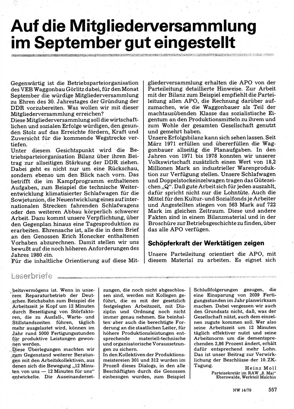 Neuer Weg (NW), Organ des Zentralkomitees (ZK) der SED (Sozialistische Einheitspartei Deutschlands) für Fragen des Parteilebens, 34. Jahrgang [Deutsche Demokratische Republik (DDR)] 1979, Seite 557 (NW ZK SED DDR 1979, S. 557)