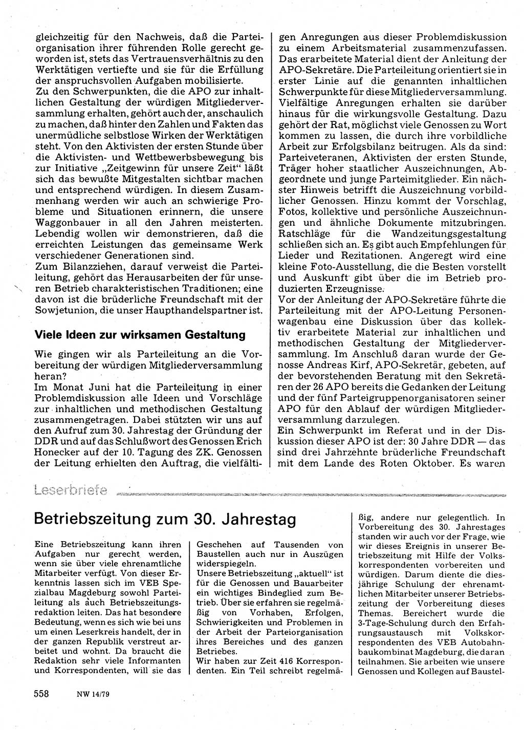 Neuer Weg (NW), Organ des Zentralkomitees (ZK) der SED (Sozialistische Einheitspartei Deutschlands) für Fragen des Parteilebens, 34. Jahrgang [Deutsche Demokratische Republik (DDR)] 1979, Seite 558 (NW ZK SED DDR 1979, S. 558)