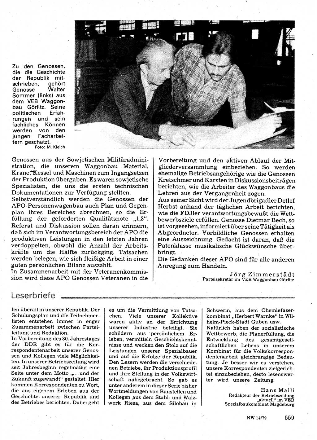 Neuer Weg (NW), Organ des Zentralkomitees (ZK) der SED (Sozialistische Einheitspartei Deutschlands) für Fragen des Parteilebens, 34. Jahrgang [Deutsche Demokratische Republik (DDR)] 1979, Seite 559 (NW ZK SED DDR 1979, S. 559)