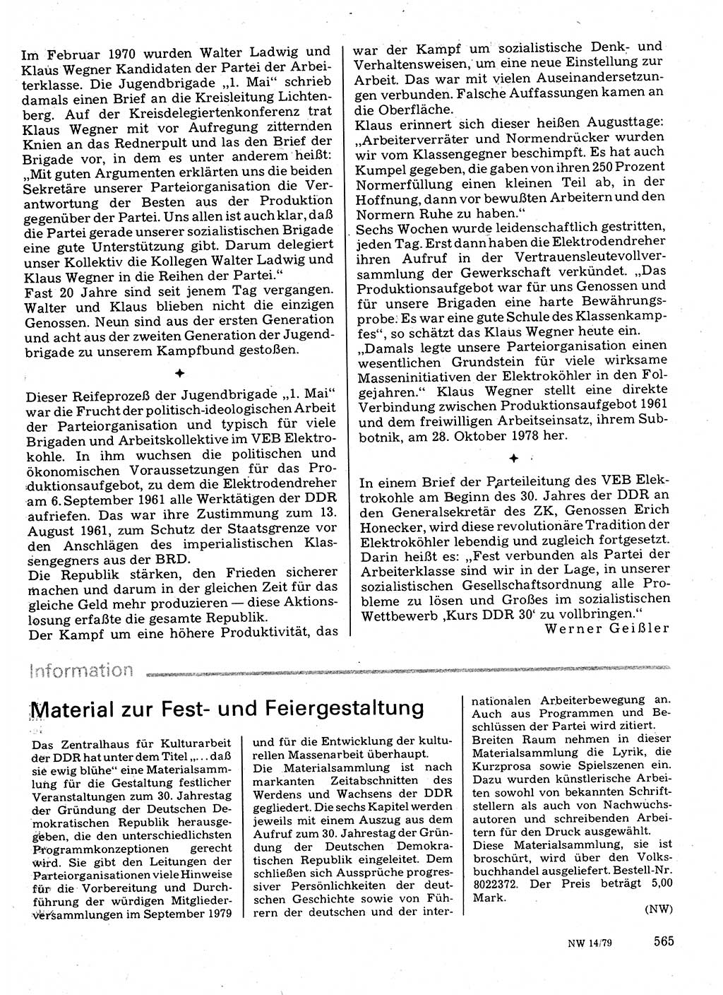 Neuer Weg (NW), Organ des Zentralkomitees (ZK) der SED (Sozialistische Einheitspartei Deutschlands) für Fragen des Parteilebens, 34. Jahrgang [Deutsche Demokratische Republik (DDR)] 1979, Seite 565 (NW ZK SED DDR 1979, S. 565)