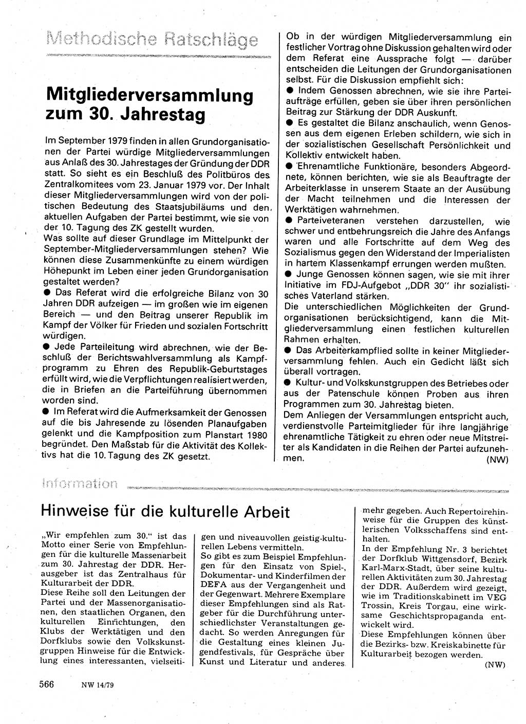 Neuer Weg (NW), Organ des Zentralkomitees (ZK) der SED (Sozialistische Einheitspartei Deutschlands) für Fragen des Parteilebens, 34. Jahrgang [Deutsche Demokratische Republik (DDR)] 1979, Seite 566 (NW ZK SED DDR 1979, S. 566)