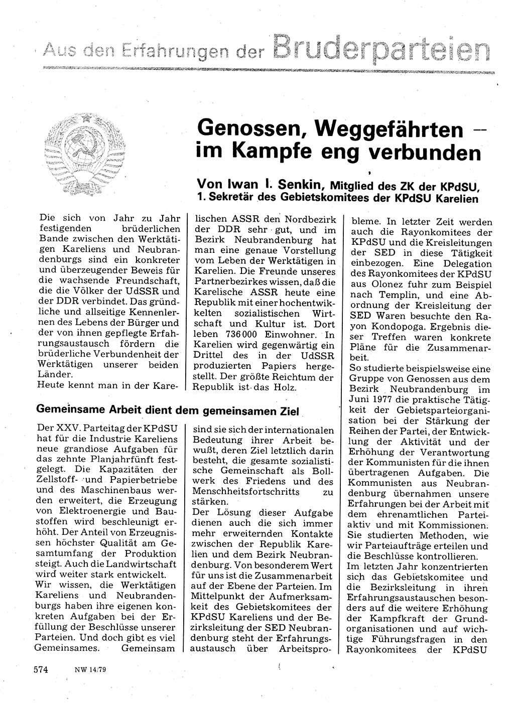 Neuer Weg (NW), Organ des Zentralkomitees (ZK) der SED (Sozialistische Einheitspartei Deutschlands) für Fragen des Parteilebens, 34. Jahrgang [Deutsche Demokratische Republik (DDR)] 1979, Seite 574 (NW ZK SED DDR 1979, S. 574)