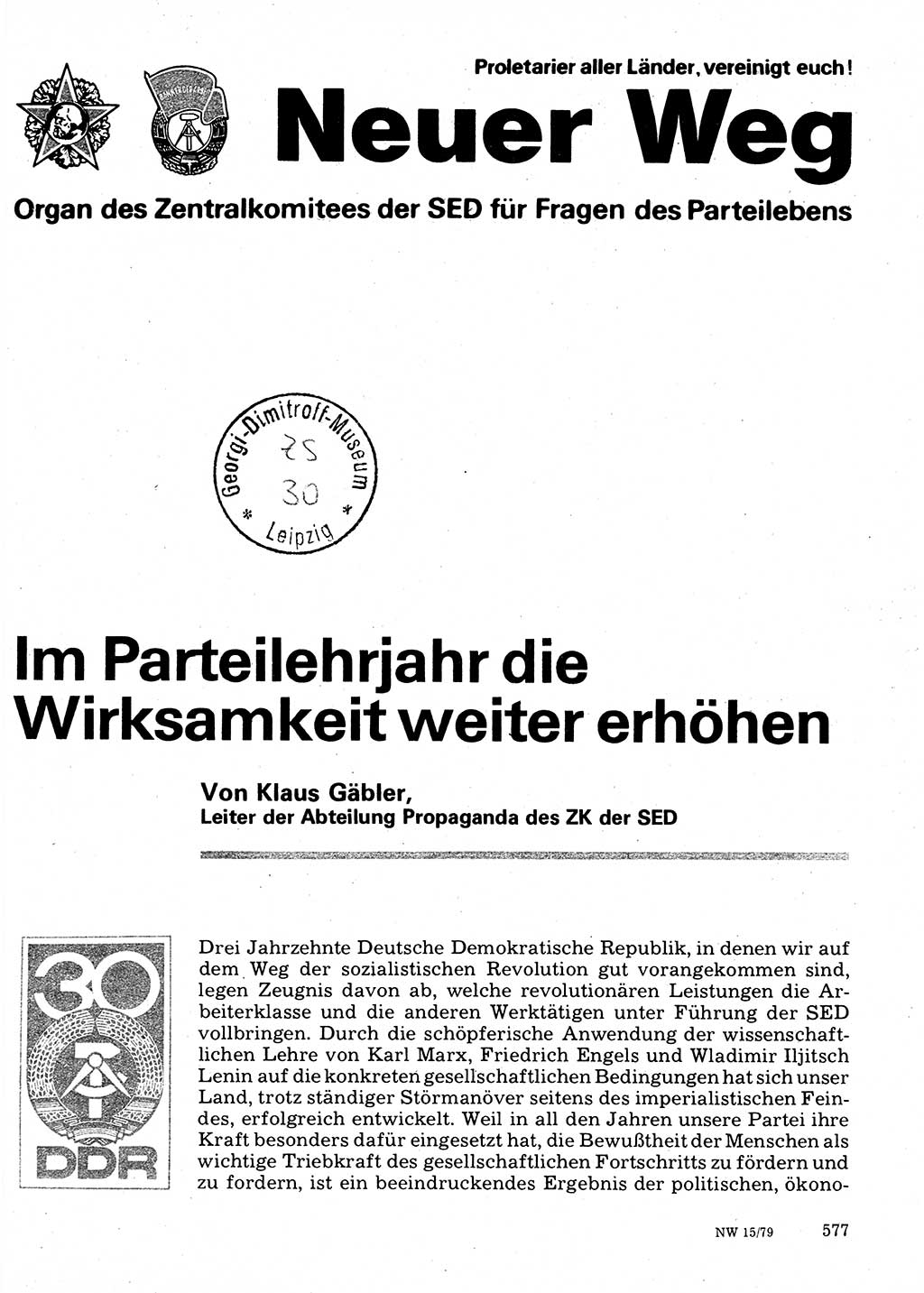 Neuer Weg (NW), Organ des Zentralkomitees (ZK) der SED (Sozialistische Einheitspartei Deutschlands) für Fragen des Parteilebens, 34. Jahrgang [Deutsche Demokratische Republik (DDR)] 1979, Seite 577 (NW ZK SED DDR 1979, S. 577)