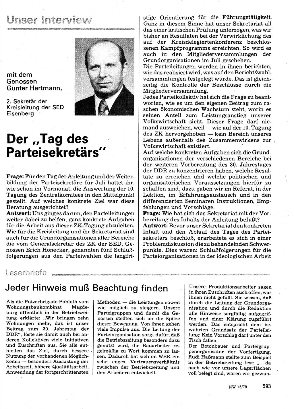 Neuer Weg (NW), Organ des Zentralkomitees (ZK) der SED (Sozialistische Einheitspartei Deutschlands) für Fragen des Parteilebens, 34. Jahrgang [Deutsche Demokratische Republik (DDR)] 1979, Seite 593 (NW ZK SED DDR 1979, S. 593)
