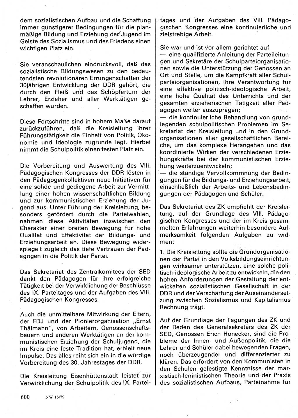 Neuer Weg (NW), Organ des Zentralkomitees (ZK) der SED (Sozialistische Einheitspartei Deutschlands) für Fragen des Parteilebens, 34. Jahrgang [Deutsche Demokratische Republik (DDR)] 1979, Seite 600 (NW ZK SED DDR 1979, S. 600)