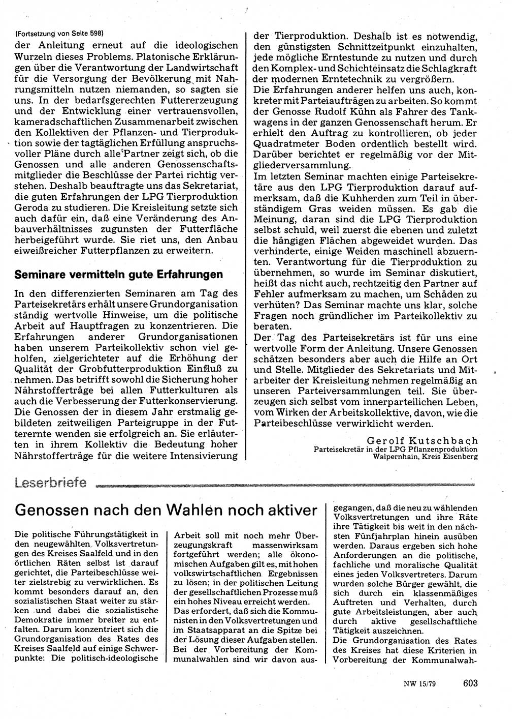 Neuer Weg (NW), Organ des Zentralkomitees (ZK) der SED (Sozialistische Einheitspartei Deutschlands) für Fragen des Parteilebens, 34. Jahrgang [Deutsche Demokratische Republik (DDR)] 1979, Seite 603 (NW ZK SED DDR 1979, S. 603)