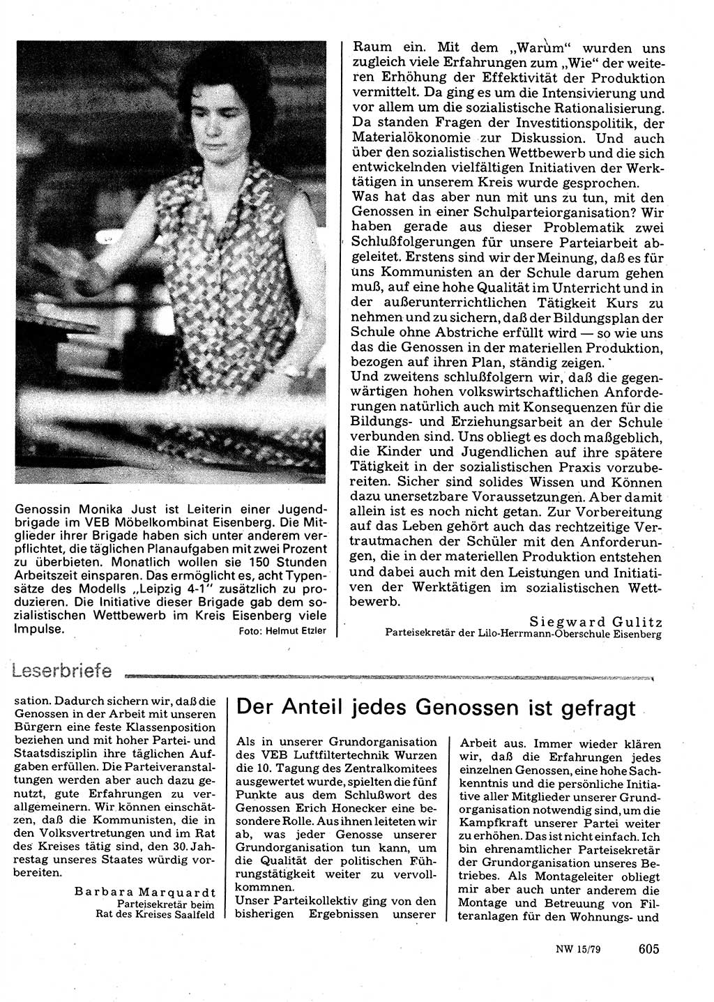 Neuer Weg (NW), Organ des Zentralkomitees (ZK) der SED (Sozialistische Einheitspartei Deutschlands) für Fragen des Parteilebens, 34. Jahrgang [Deutsche Demokratische Republik (DDR)] 1979, Seite 605 (NW ZK SED DDR 1979, S. 605)