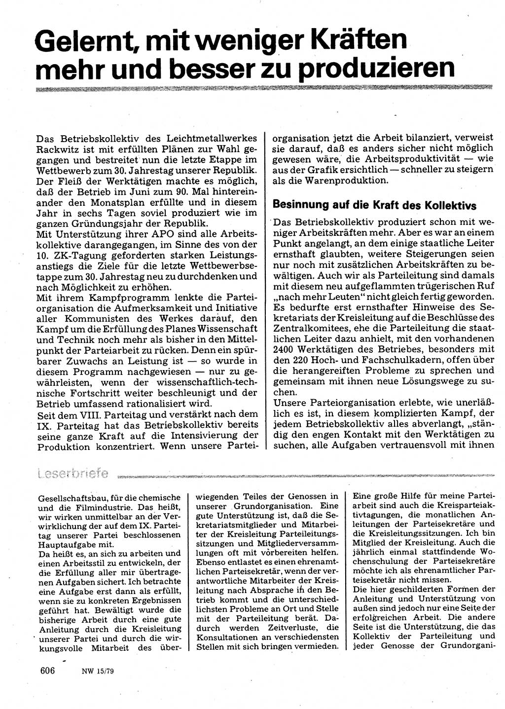 Neuer Weg (NW), Organ des Zentralkomitees (ZK) der SED (Sozialistische Einheitspartei Deutschlands) für Fragen des Parteilebens, 34. Jahrgang [Deutsche Demokratische Republik (DDR)] 1979, Seite 606 (NW ZK SED DDR 1979, S. 606)