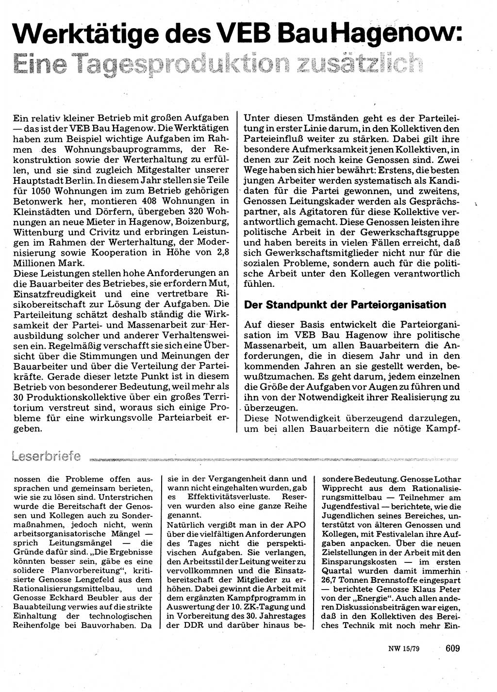 Neuer Weg (NW), Organ des Zentralkomitees (ZK) der SED (Sozialistische Einheitspartei Deutschlands) für Fragen des Parteilebens, 34. Jahrgang [Deutsche Demokratische Republik (DDR)] 1979, Seite 609 (NW ZK SED DDR 1979, S. 609)