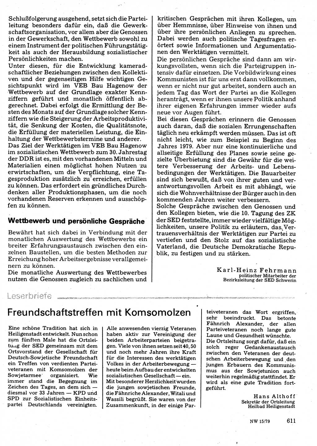 Neuer Weg (NW), Organ des Zentralkomitees (ZK) der SED (Sozialistische Einheitspartei Deutschlands) für Fragen des Parteilebens, 34. Jahrgang [Deutsche Demokratische Republik (DDR)] 1979, Seite 611 (NW ZK SED DDR 1979, S. 611)