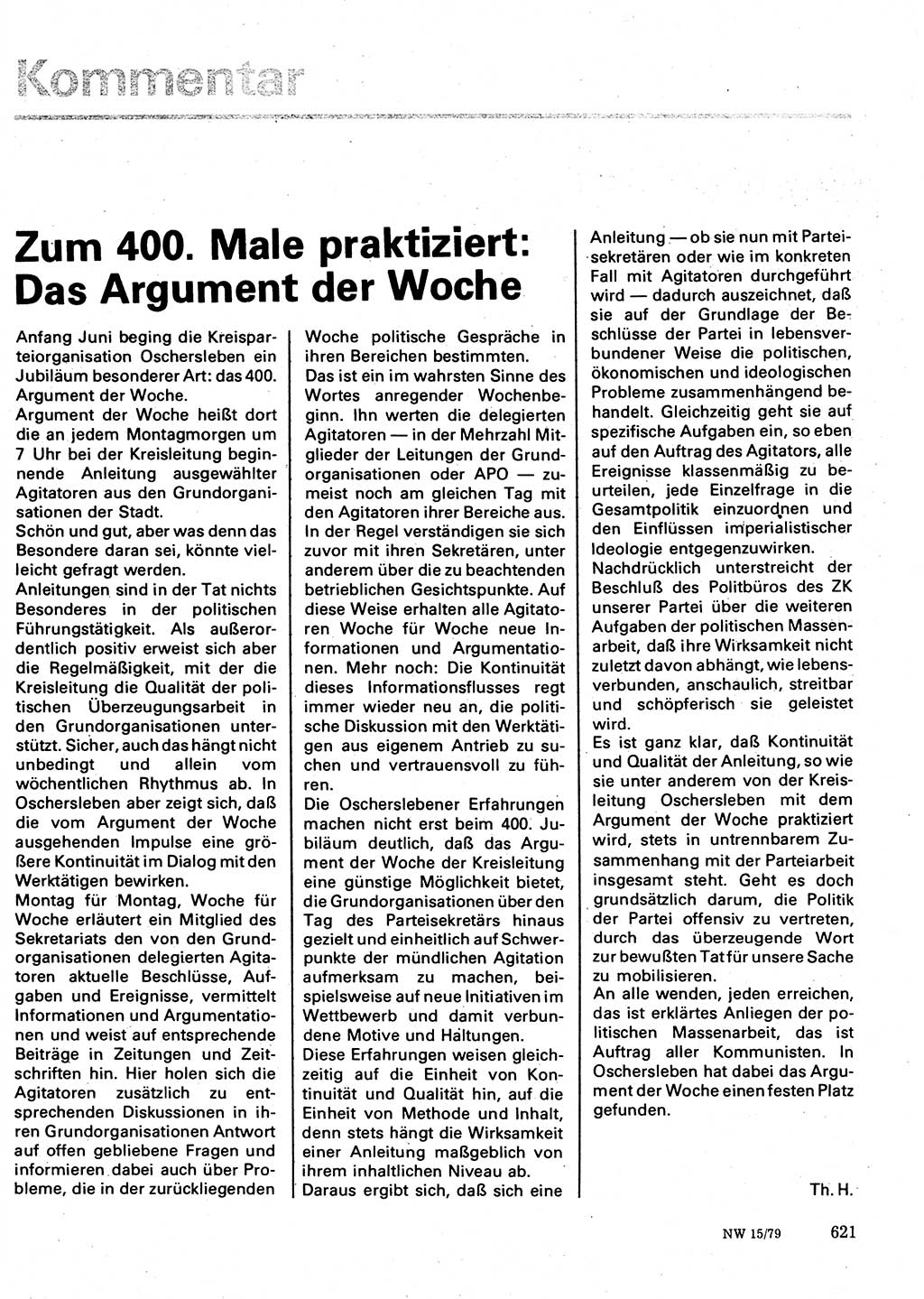 Neuer Weg (NW), Organ des Zentralkomitees (ZK) der SED (Sozialistische Einheitspartei Deutschlands) für Fragen des Parteilebens, 34. Jahrgang [Deutsche Demokratische Republik (DDR)] 1979, Seite 621 (NW ZK SED DDR 1979, S. 621)