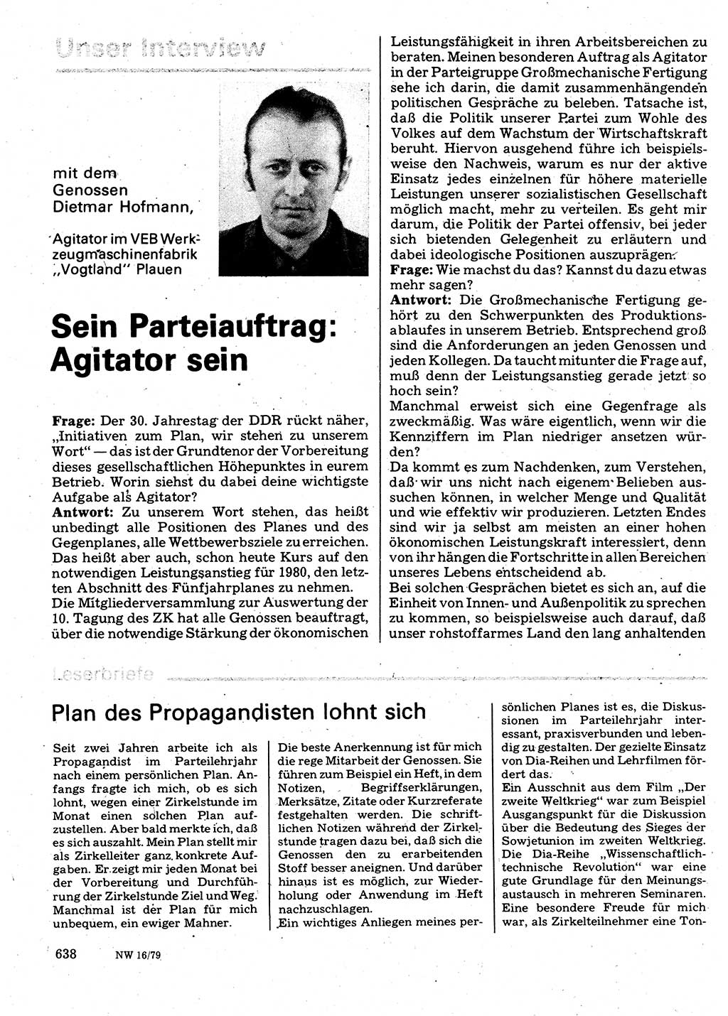 Neuer Weg (NW), Organ des Zentralkomitees (ZK) der SED (Sozialistische Einheitspartei Deutschlands) für Fragen des Parteilebens, 34. Jahrgang [Deutsche Demokratische Republik (DDR)] 1979, Seite 638 (NW ZK SED DDR 1979, S. 638)